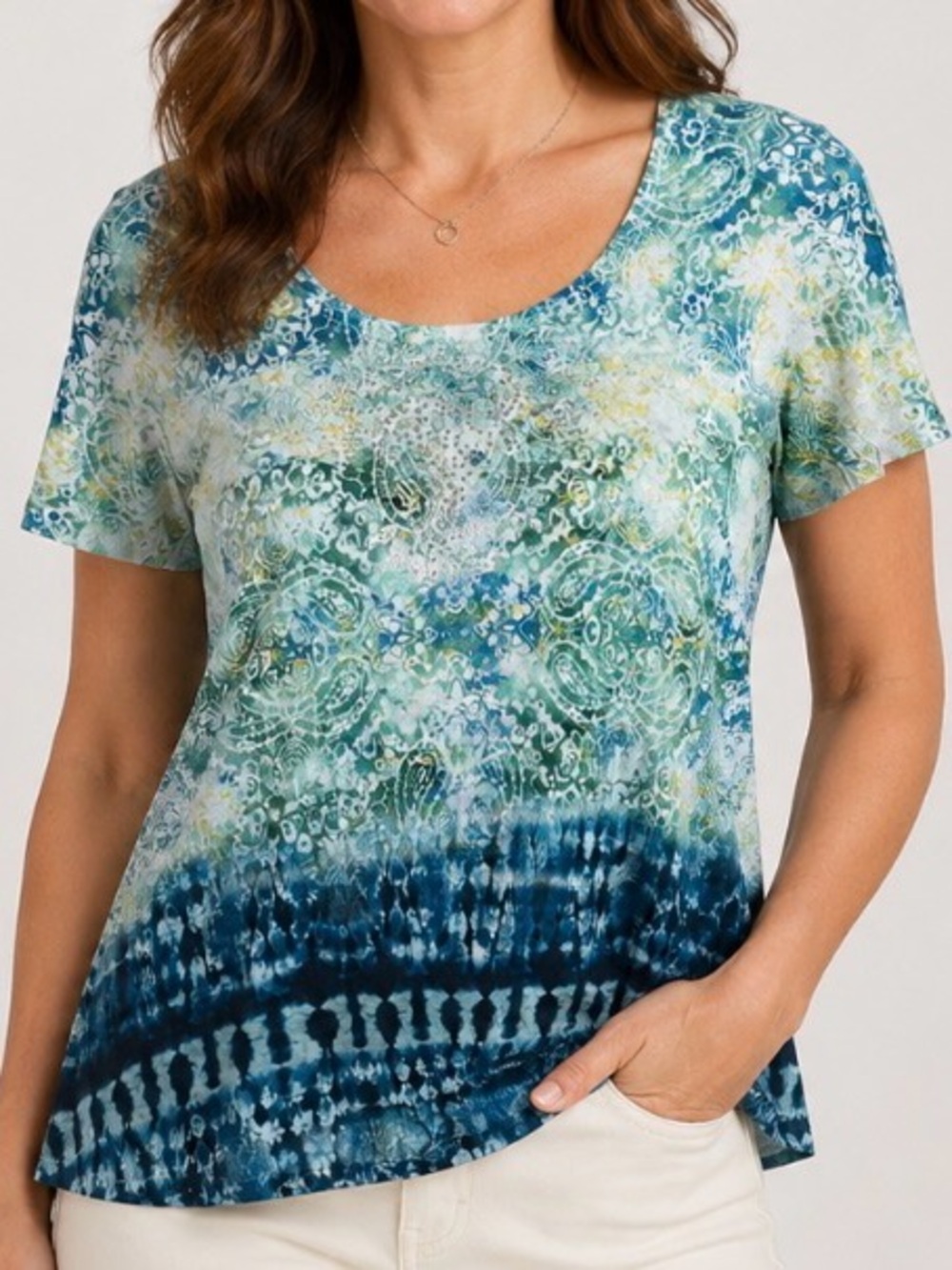 ONE WORLD Blue Green Patterned Scoop Neck Top
